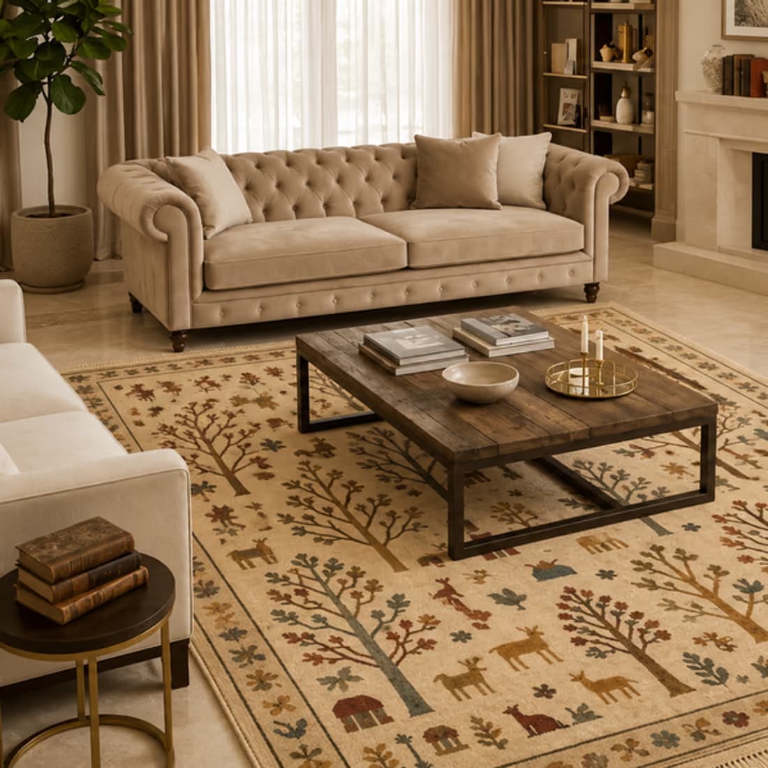 Bhadohi Hand-Knotted Floral Rug, full piece